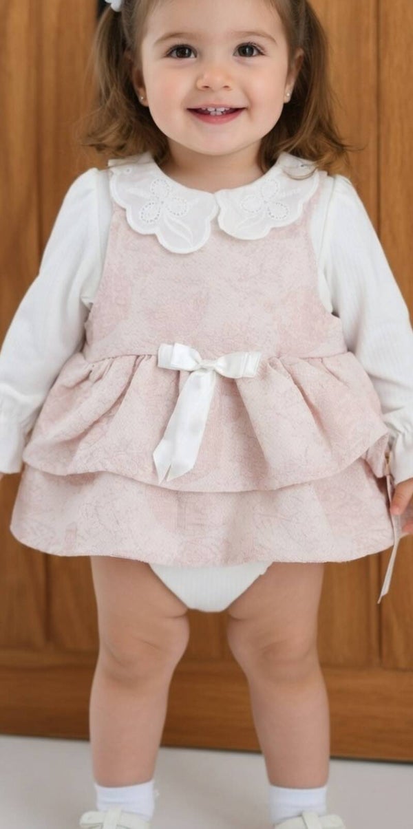 2PCS Pink and White Romper Dress with Bow and Pattern Detail
