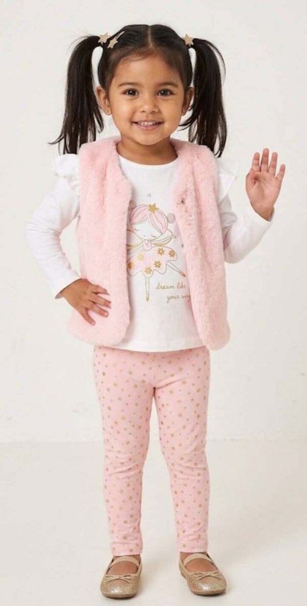 3PCS Pink and White Girls Outfit with Faux Gilet and Star Leggings