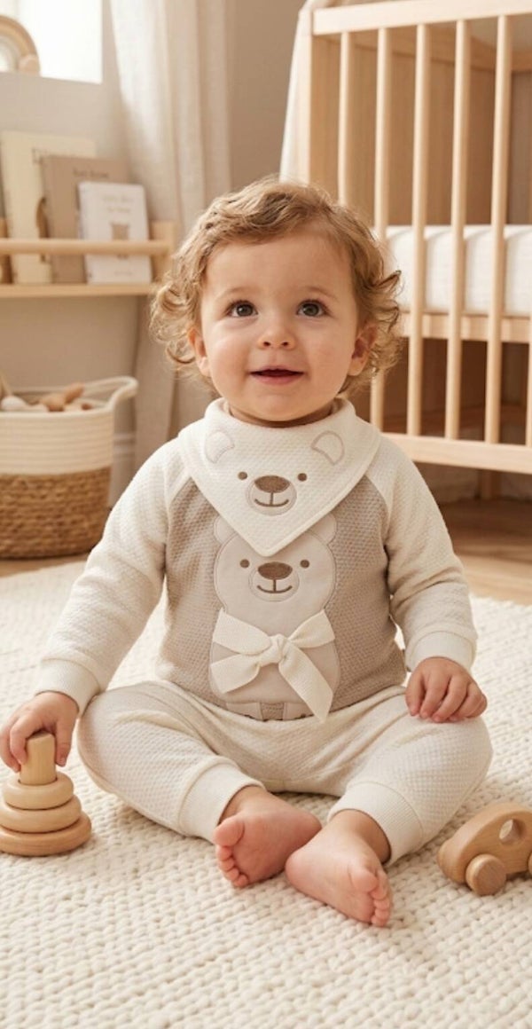 3PCS Brown and White Teddy Bear Outfit Boys