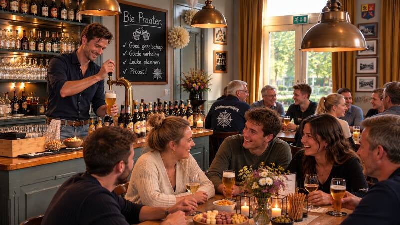 gezellig sfeertje met een volle zaal tijdens een namiddag borrelen met de barman aan het tappen in de achtergrond van een heerlijke biertje en met heel veel soorten speciaalbier op de toonbank 