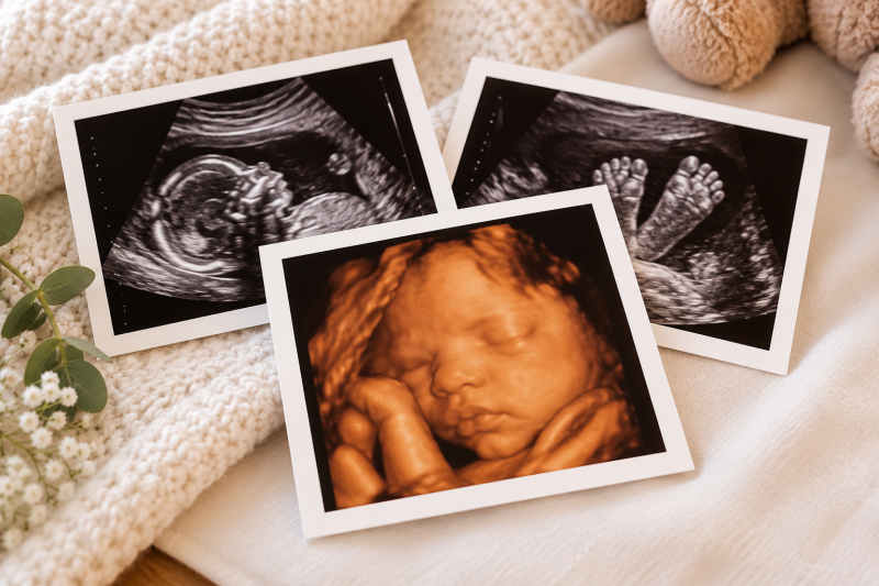 Three ultrasound photos, including a 3D/4D image of a baby, displayed together as pregnancy keepsakes.