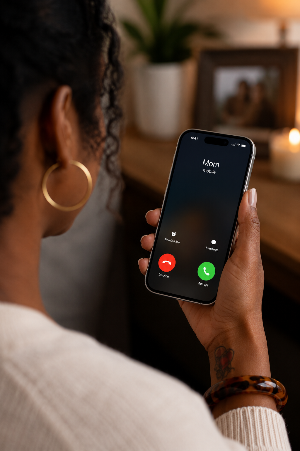 Woman receiving a future phone call from a loved one through StillHear