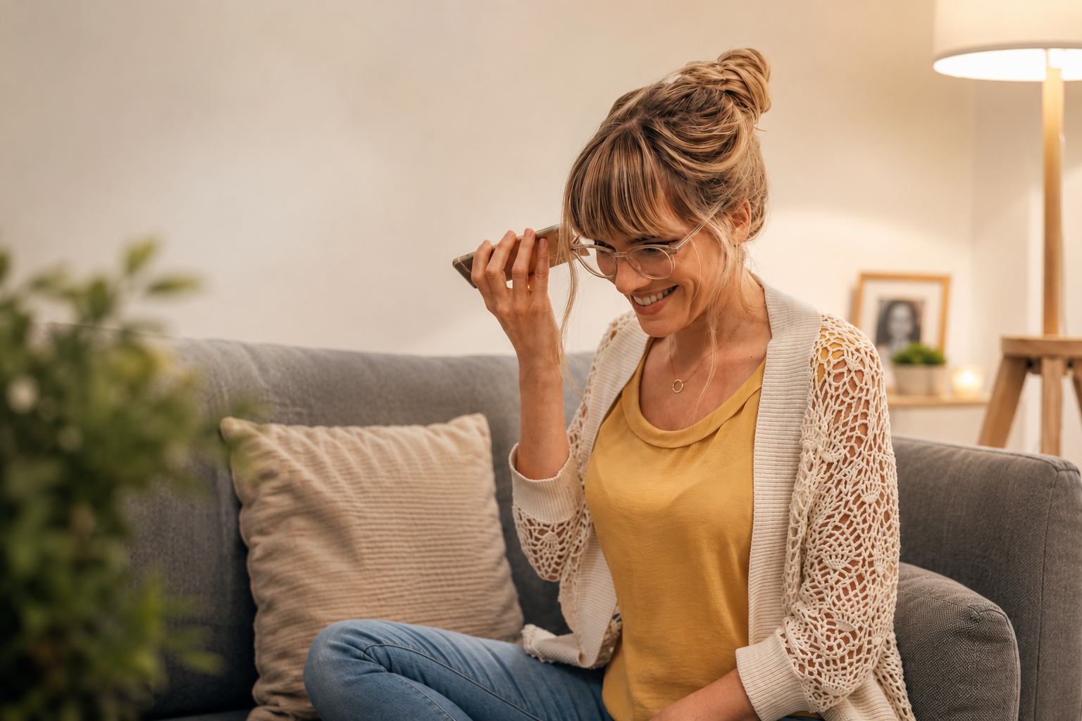 Woman listening to a future voice message delivered as a phone call