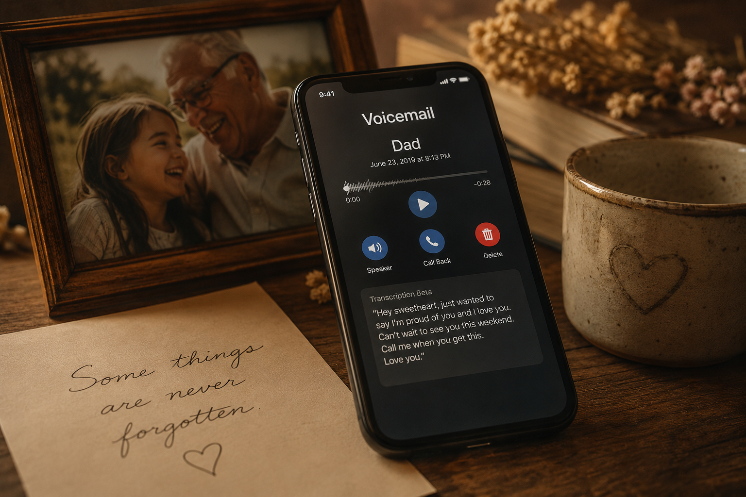 Listening to a saved voicemail from someone you love