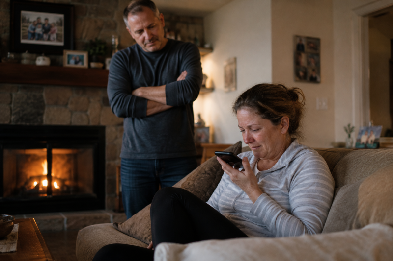 Woman sitting on a couch listening to an old voicemail while her husband watches nearby, inspiring the idea behind StillHear and the importance of preserving voices for future generations.