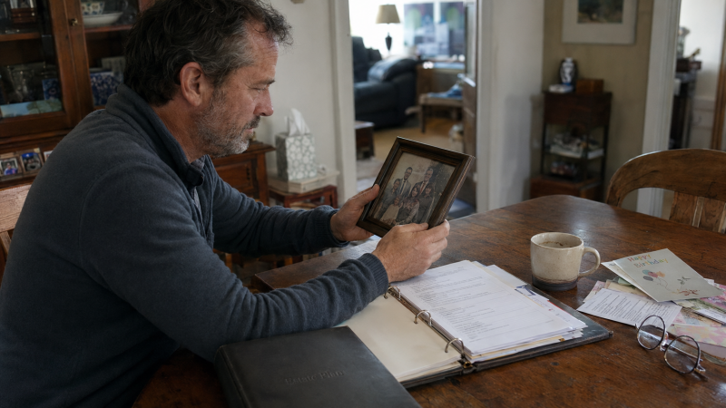 A grieving adult child sits at a dining room table surrounded by estate planning documents, family photographs, and a framed picture of a deceased parent, wondering about the stories and memories that were never recorded.