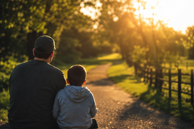 A father and son sit together at sunset overlooking a peaceful path, reminding us that life's most meaningful moments are the time we spend with the people we love.