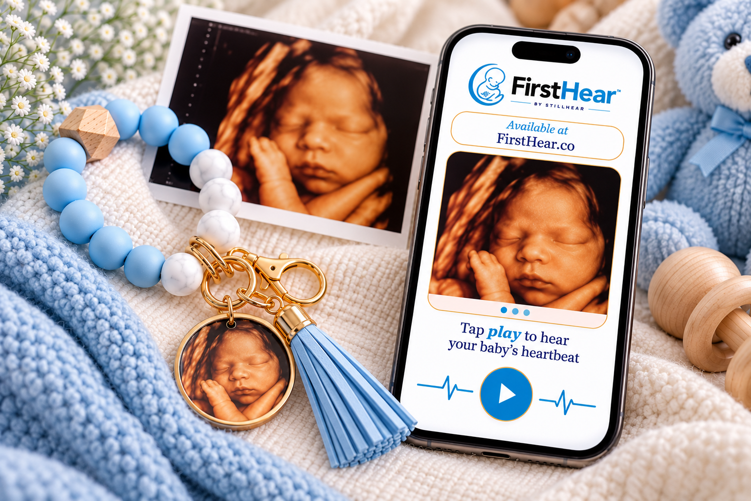 FirstHear baby keepsake with blue beaded keychain, 3D/4D ultrasound image, and smartphone playing the baby’s heartbeat.