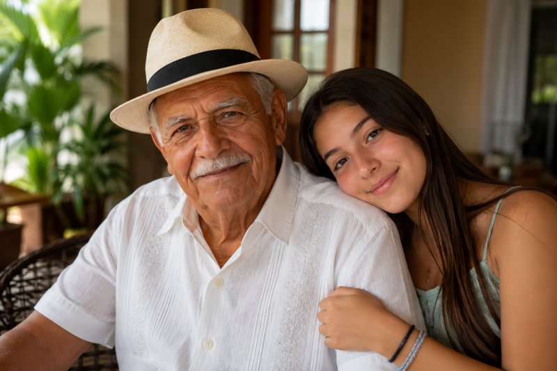 A grandfather in a white guayabera and fedora shares a warm moment with his teenage granddaughter, illustrating the importance of preserving a loved one's voice before Alzheimer's and memory loss change family moments.