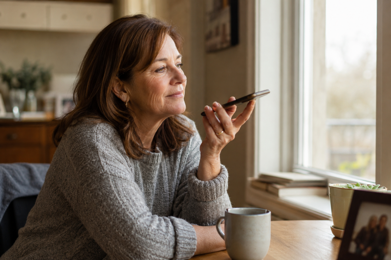 Woman recording a meaningful voice message on her smartphone while sitting by a window at home, illustrating authentic communication and heartfelt messages for loved ones.