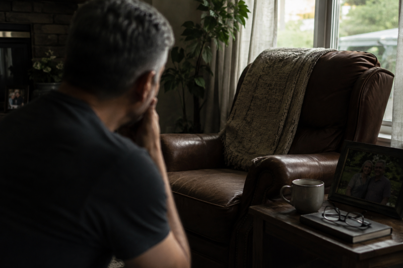 A man sits quietly in his living room, looking at an empty favorite chair beside a family photo, symbolizing grief, remembrance, and the lasting importance of preserving the voices and memories of loved ones.