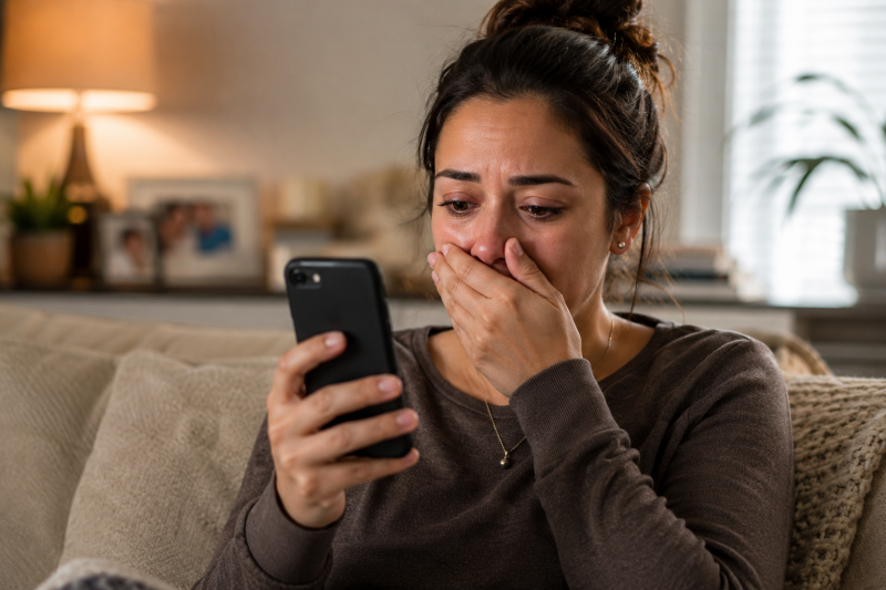 Woman receiving a StillHear legacy phone call, hearing the voice of a loved one in an emotional moment of remembrance and connection.
