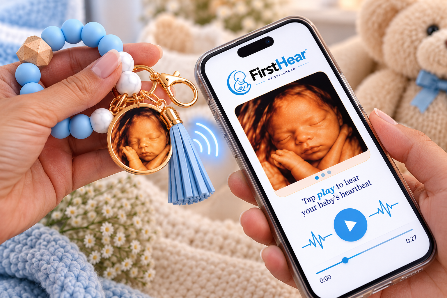FirstHear keepsake being tapped with a smartphone to open a baby’s 3D/4D ultrasound photos and heartbeat recording.