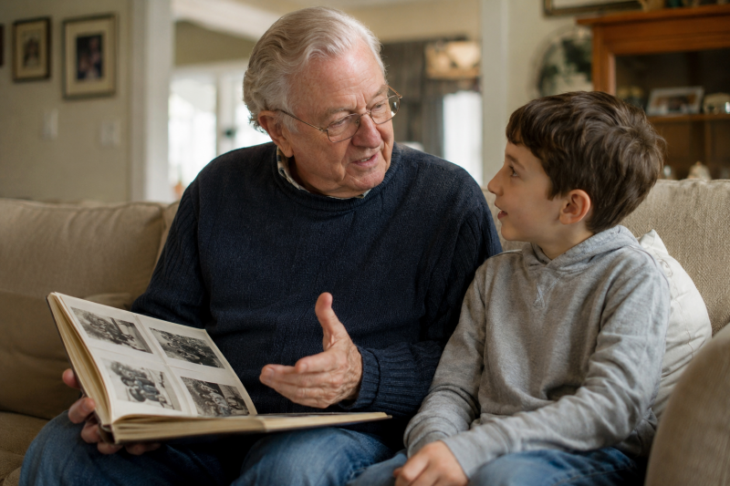 Grandfather sharing family stories and old photographs with his grandson while sitting together on a living room couch, preserving family history through conversation.