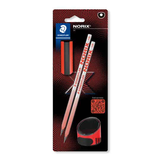 STAEDTLER® NORIX® Bleistifte upcycled Wood, 100% PEFC, 2er Blister mit Spitzer und Radierer rot