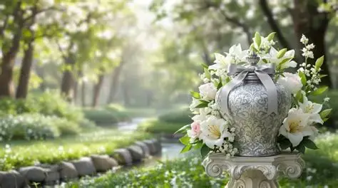 Urne funéraire argentée entourée de fleurs dans un cadre apaisant.