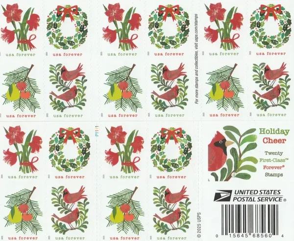 2 Books 2025 Holidays Cheer (Cardinals) Forever Stamps