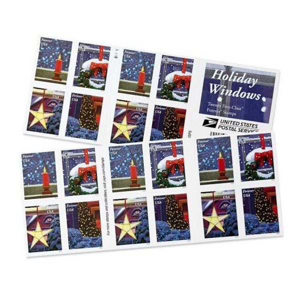 2 Books Holiday Windows First Class Forever Stamps