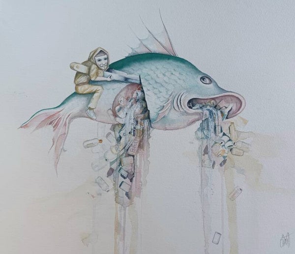 Polluted Bruegel Fish original watercolour by Dominic Murphy