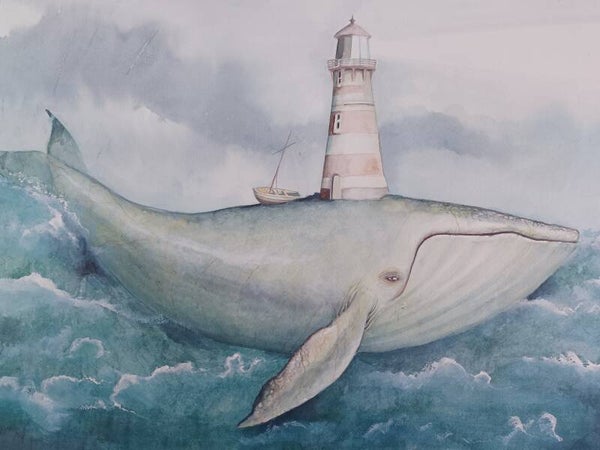 Original Watercolour Whale Lighthouse by Dominic Murphy