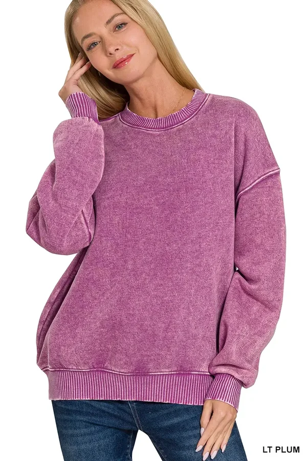 Plum Acid Wash Fleece Oversized Pullover