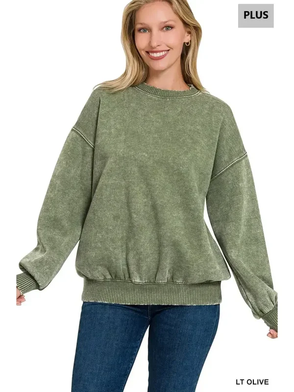 LT Olive -Plus Acid Wash Fleece Oversized Pullover