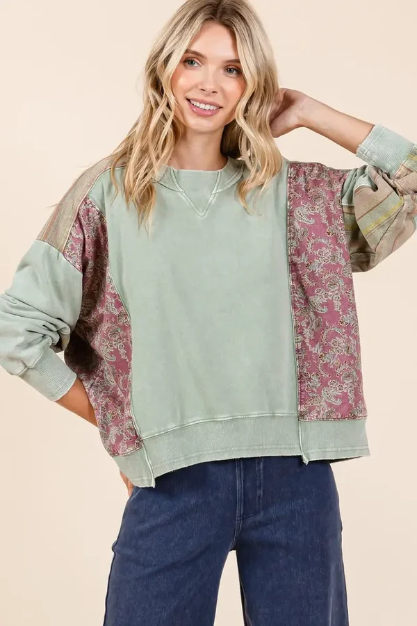 Patchwork Print Mix Mineral Wash Pullover Top