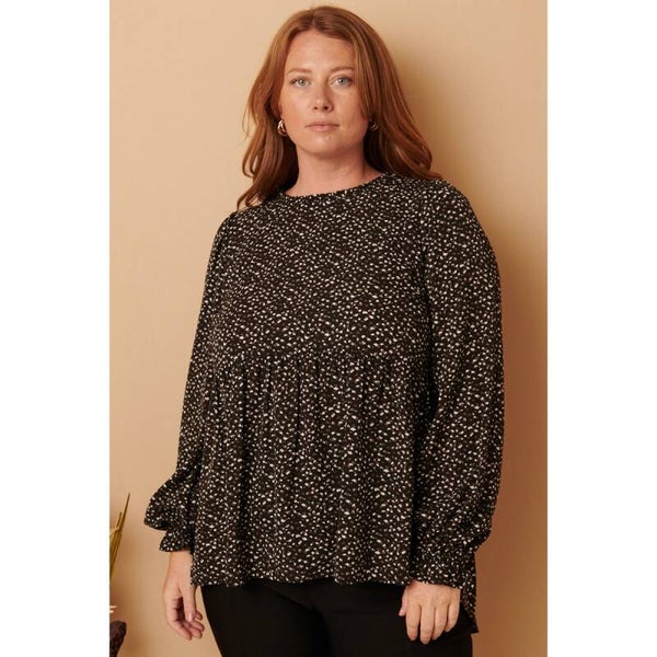 Plus Abstract Print Ruffle Mock Neck Blouse