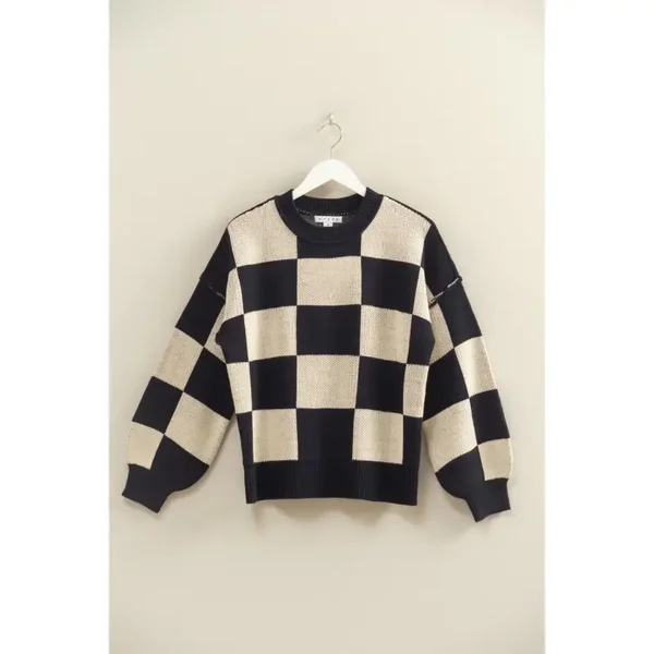 Trendy Crew Neck Checkered Knit Sweater