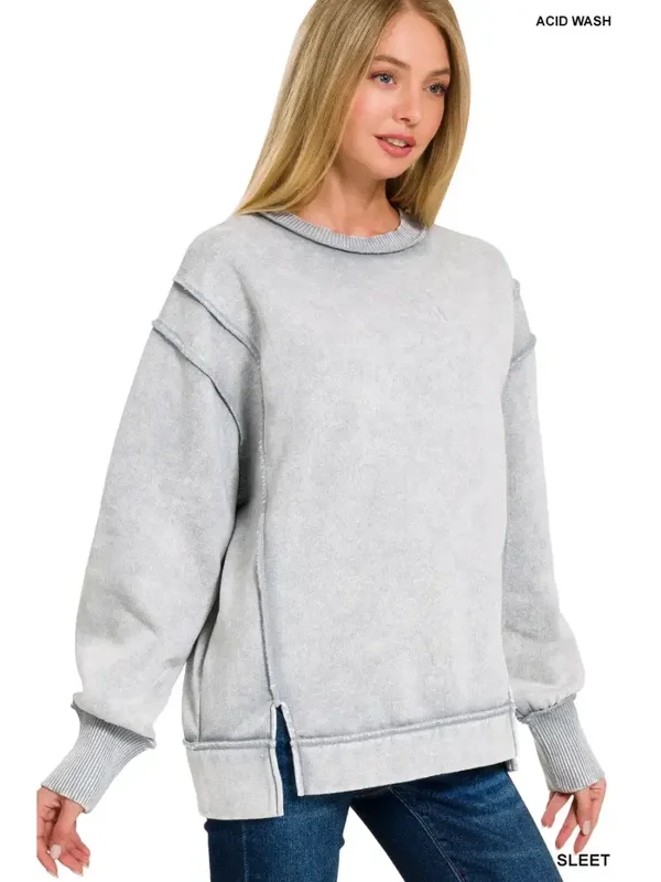 Acid Wash Exposed-Seam Fleece Sweatshirt- Sleet
