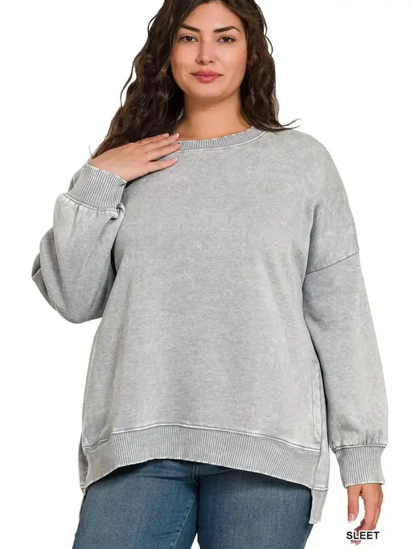 Plus Acid Wash Fleece Hi-Low Hem Pullover-Sleet