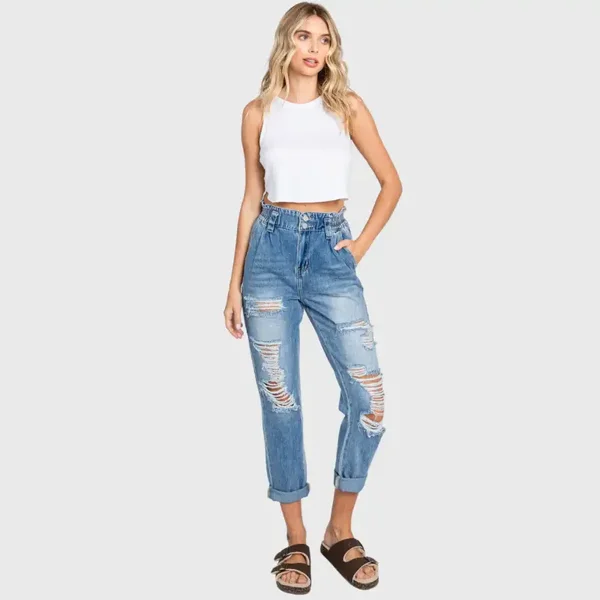 High Rise Paper Bag Mom Jeans w/ Elastic Band