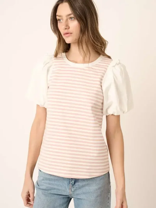 Mix Media Striped Balloon Sleeve Top