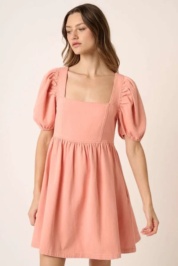 Washed Denim Puff Sleeve Babydoll Dress