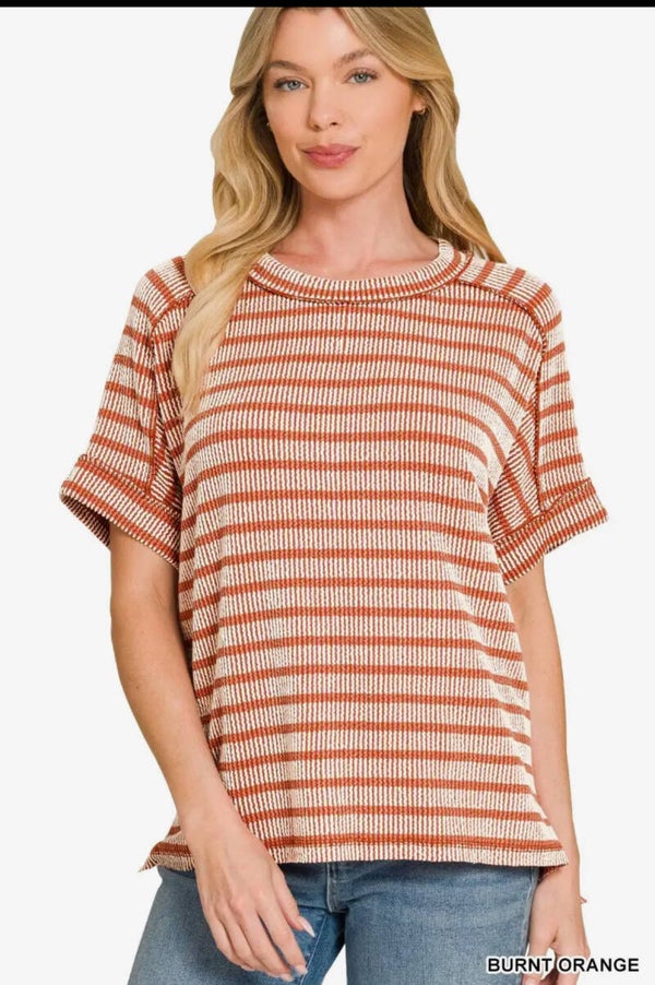 Easy Going Rust Rib Striped Top