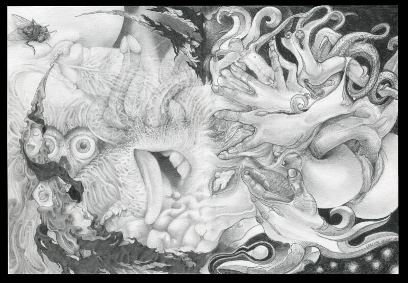 | &#039;Chaos of Lust&#039; | Exquisite Corpse with Deborah Valentine. She finished the right side, I started the left side | 21 x 29,7 cm | 2011 |