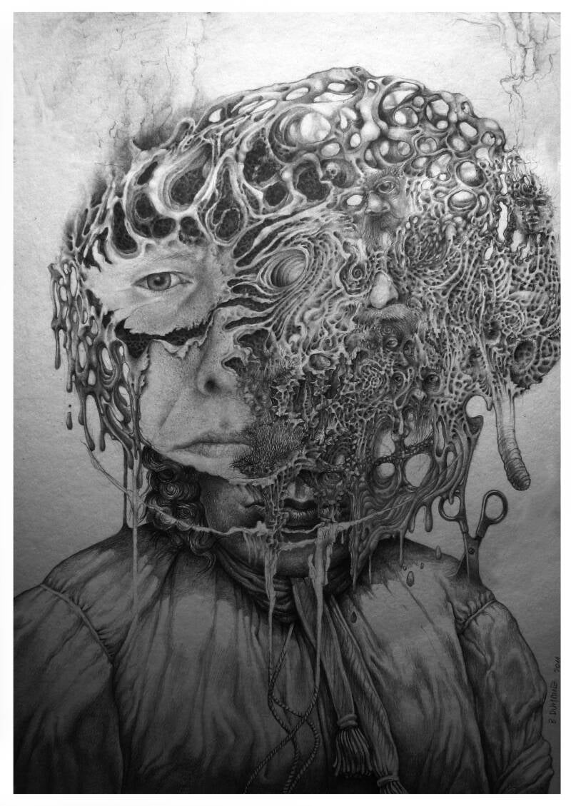 | &#039;A likeable portrait&#039; | Exquisite corpse with Bernard Dumaine (France)  I did the facial blob, Bernard created the surroundings | 29,7 x 42 cm | 2011  | SOLD |