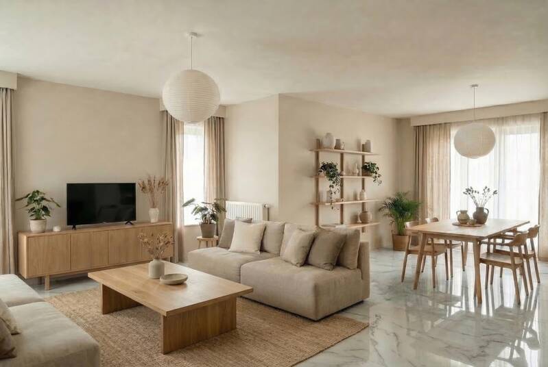 Woonkamer digitaal gestyled met moderne inrichting na stijlupdate voor aantrekkelijke vastgoedpresentatie