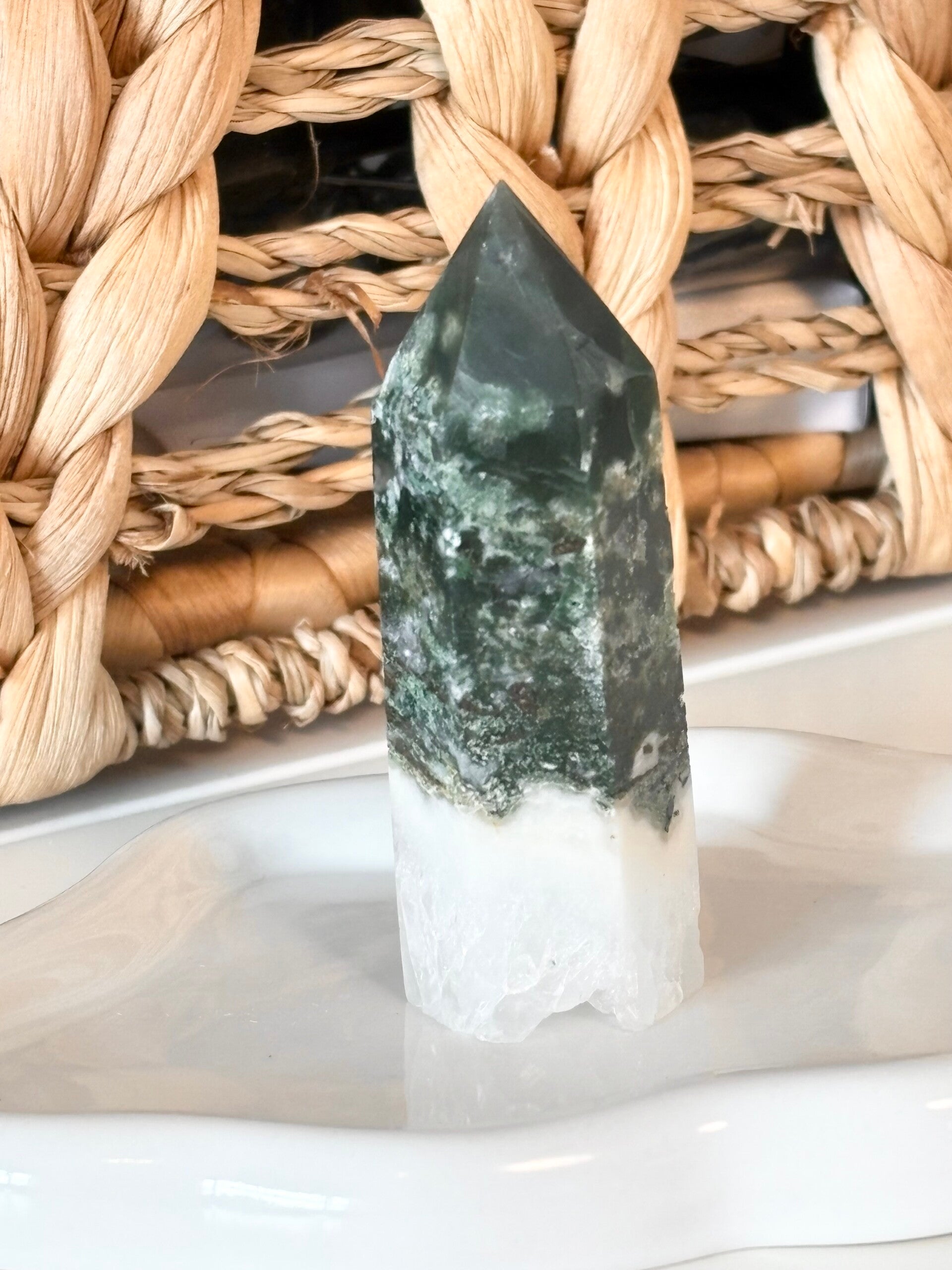 Moss Agate Tower with Raw Base