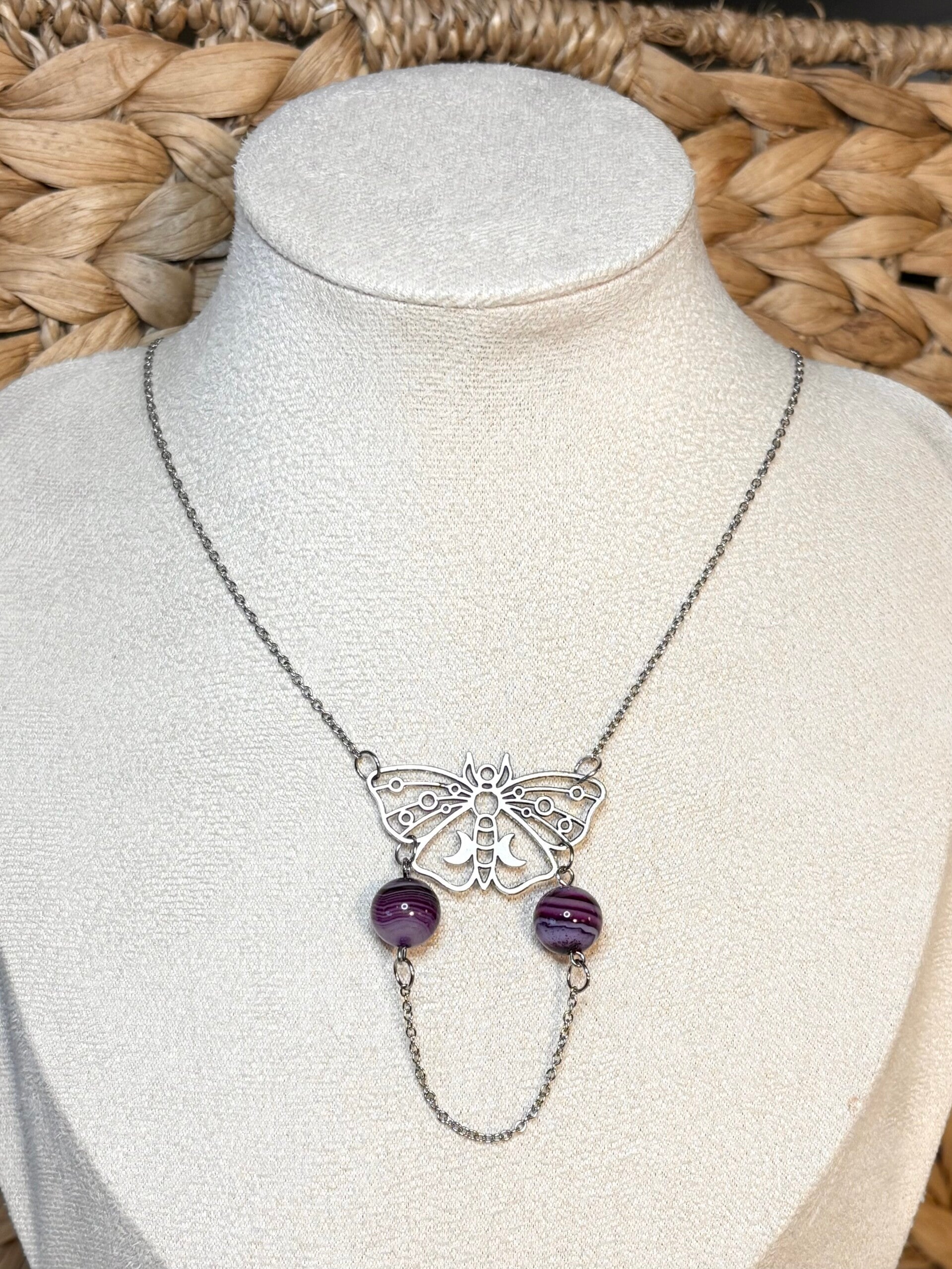 Handmade Butterfly Necklace with Purple Agate Beads