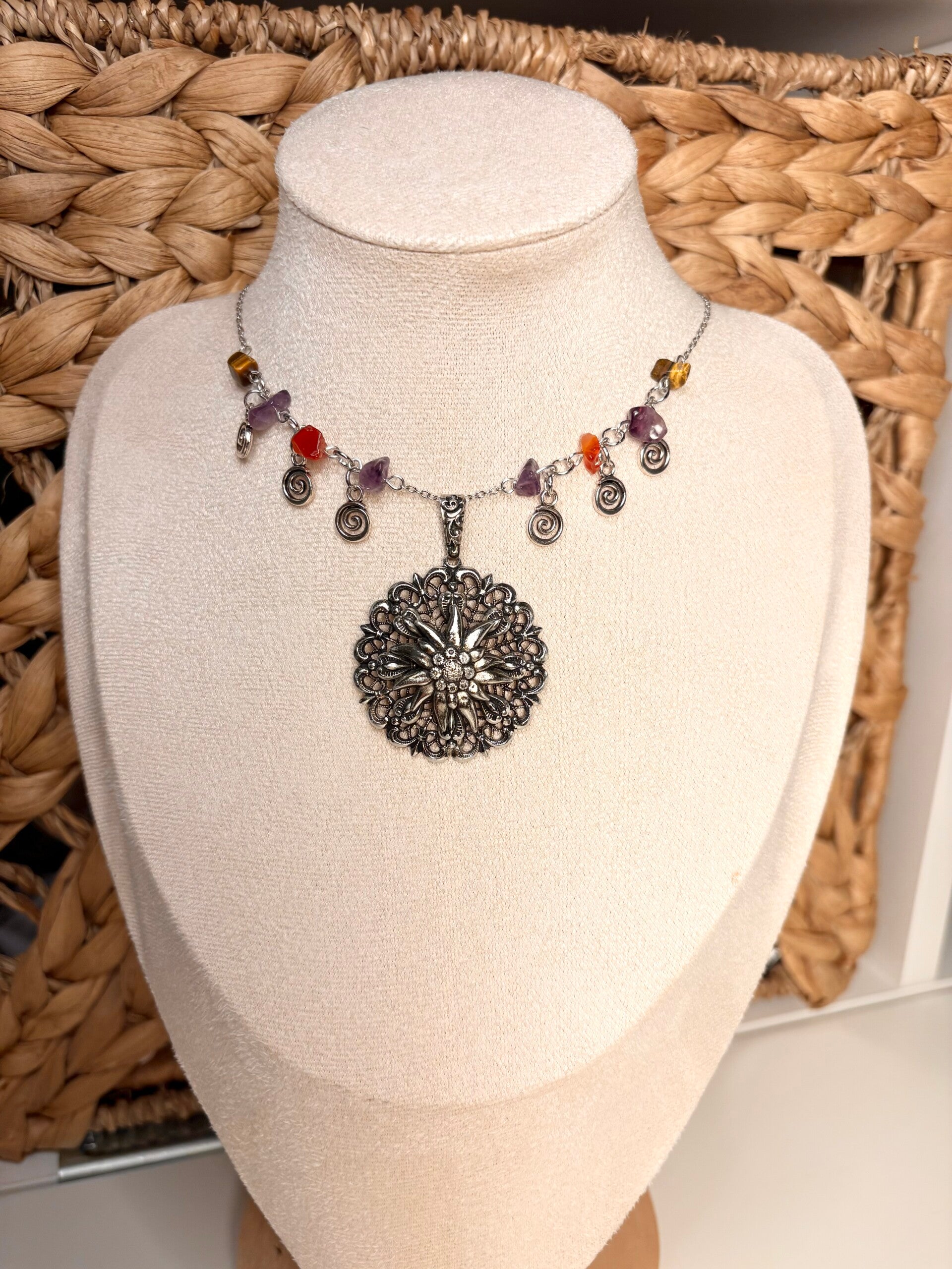 Gemstone Necklace with Ornate Mandala Pendant