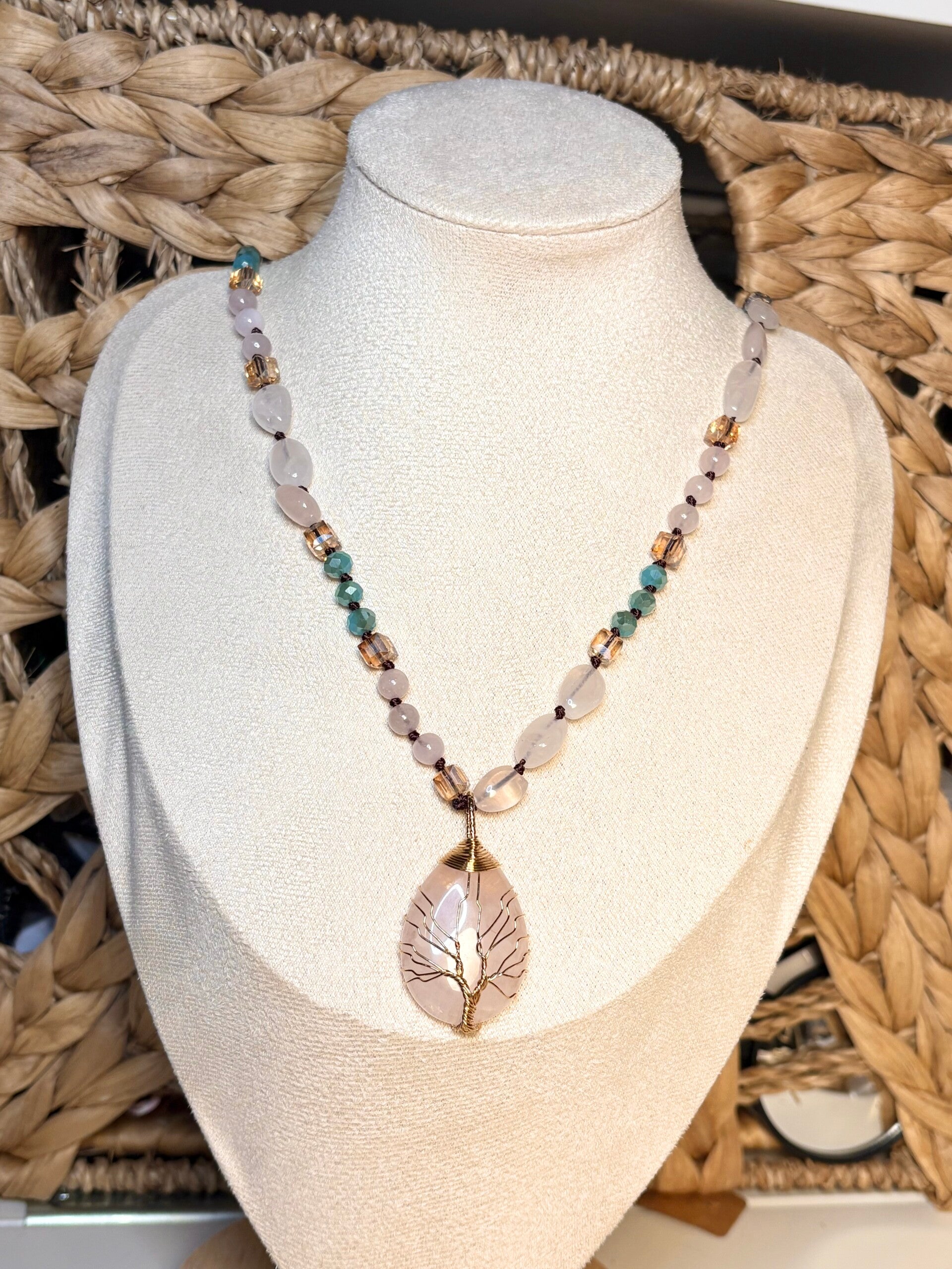 Genuine Rose Quartz Tree of Life Necklace – 32” Statement Length