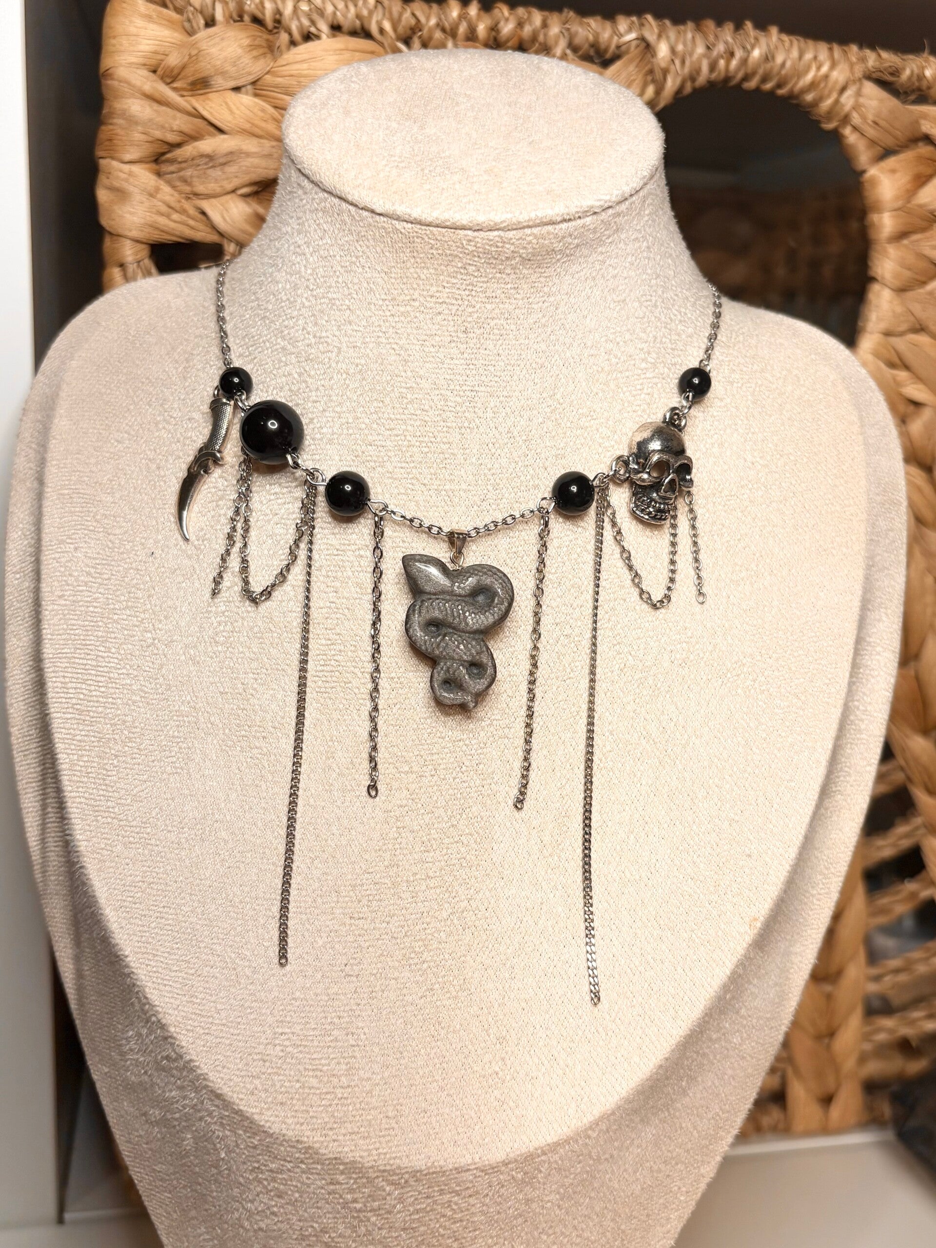 Gothic Snake Necklace – Silver Sheen Obsidian & Onyx