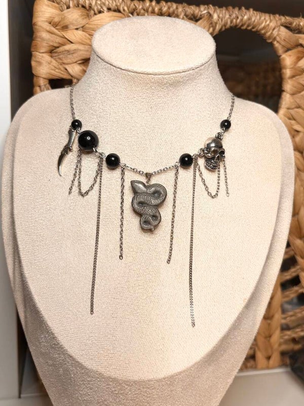 Gothic Snake Necklace – Silver Sheen Obsidian & Onyx