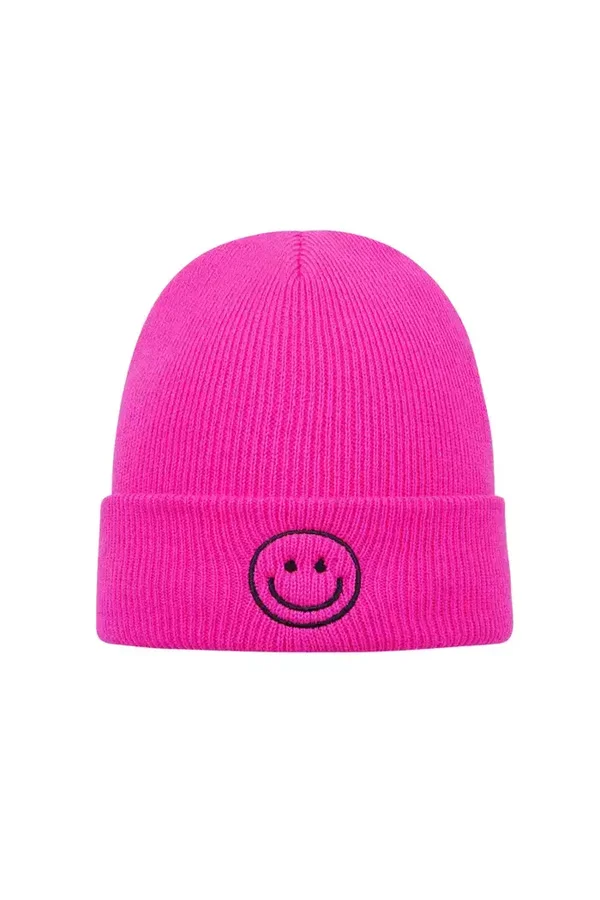 Colorful beanie with smiley - fuchsia