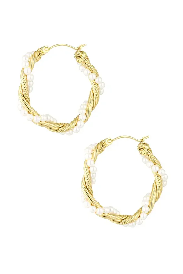 Round twisted rope earrings with pearls - gold