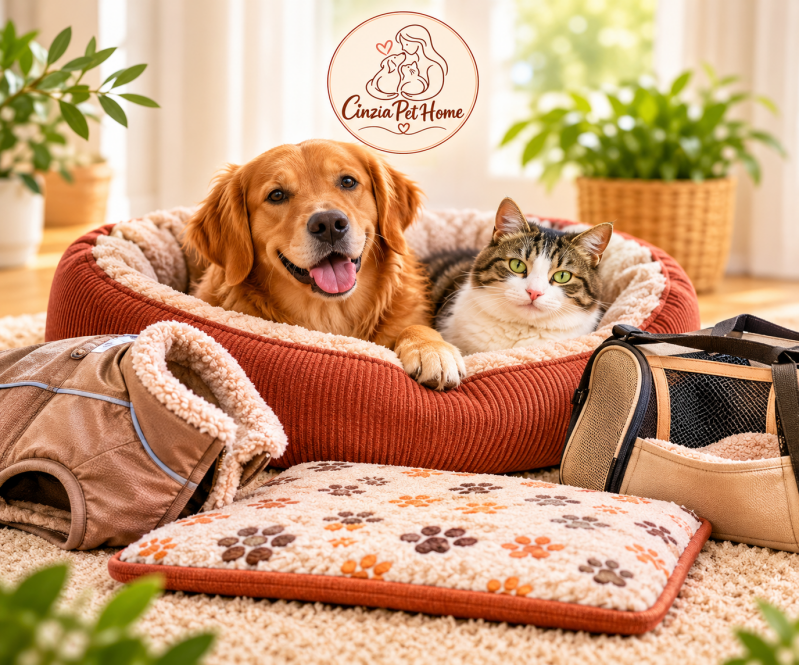 Cane e gatto in una morbida cuccia con cappottino, tappetino e borsa da passeggio, con logo Cinzia Pet Home.