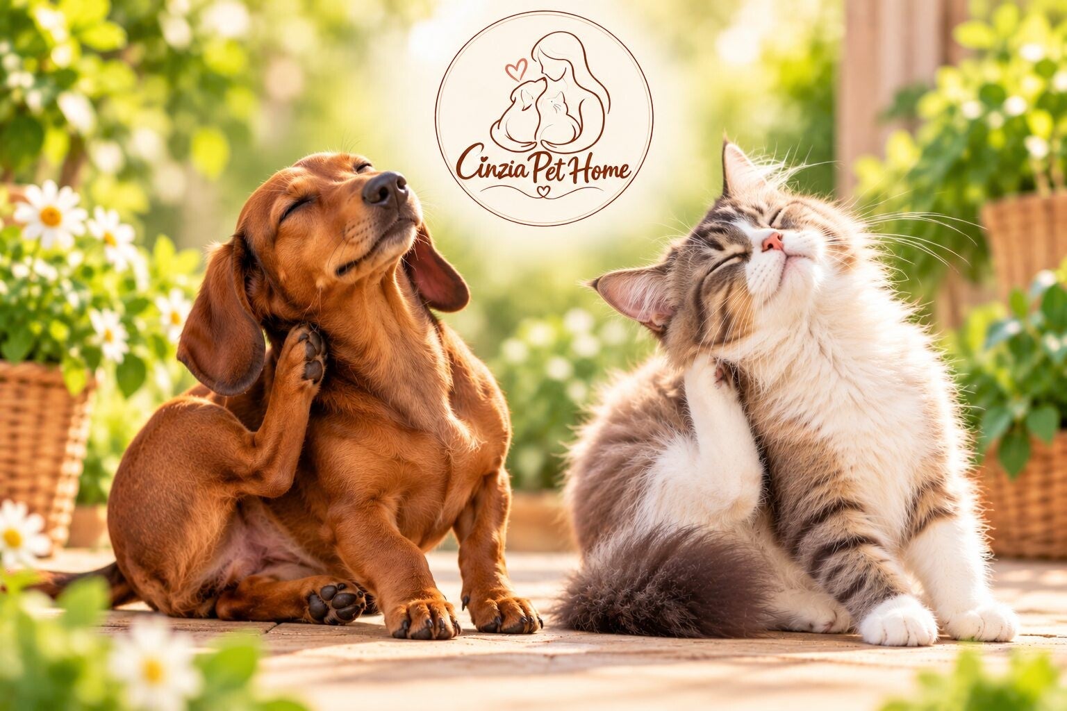 Bassotto marrone e gatto bianco e grigio che si grattano vicino alle orecchie