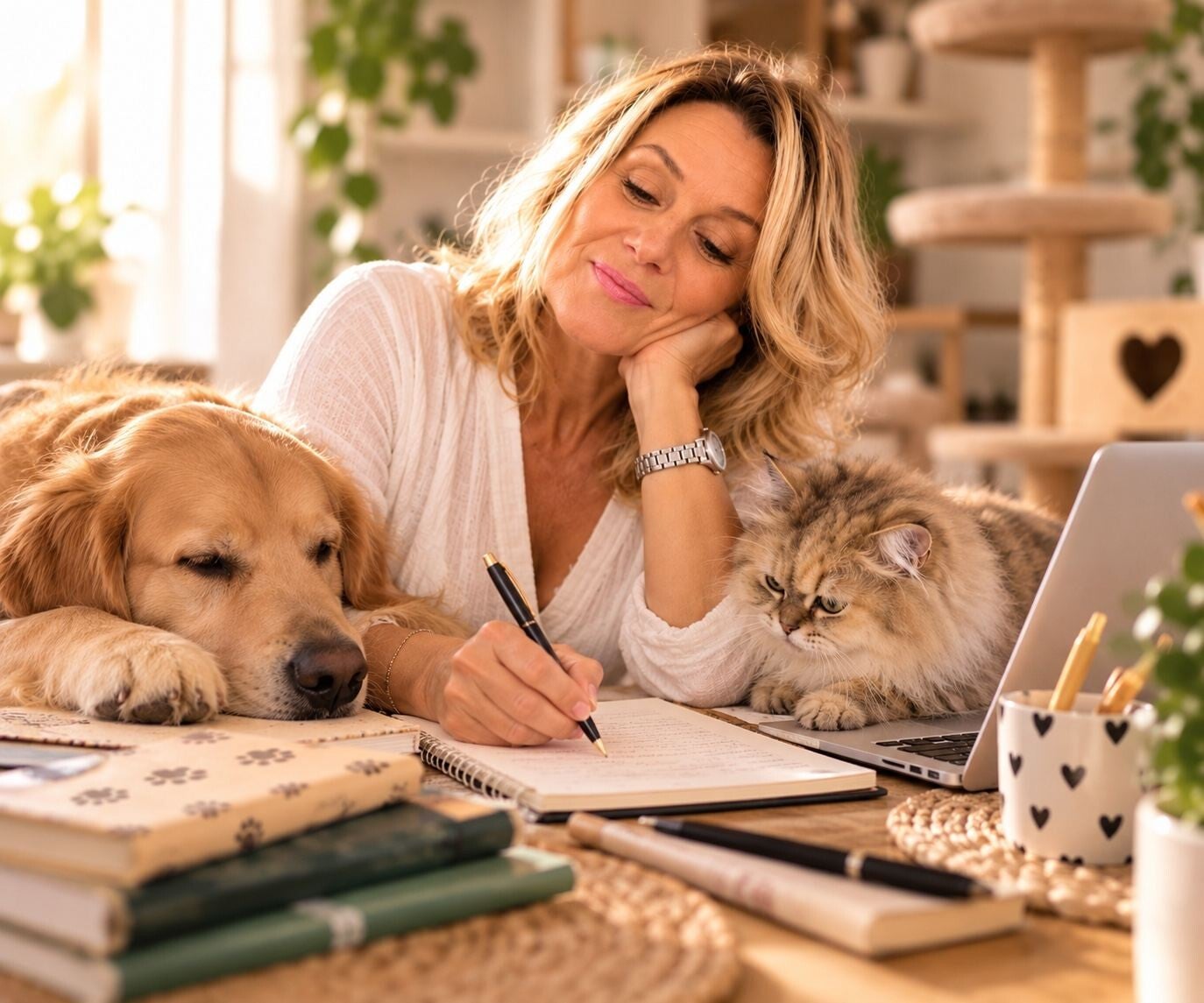 Cinzia Pet Home scrive articoli per il blog dedicato a cani e gatti, seduta alla scrivania con un cane e un gatto accanto