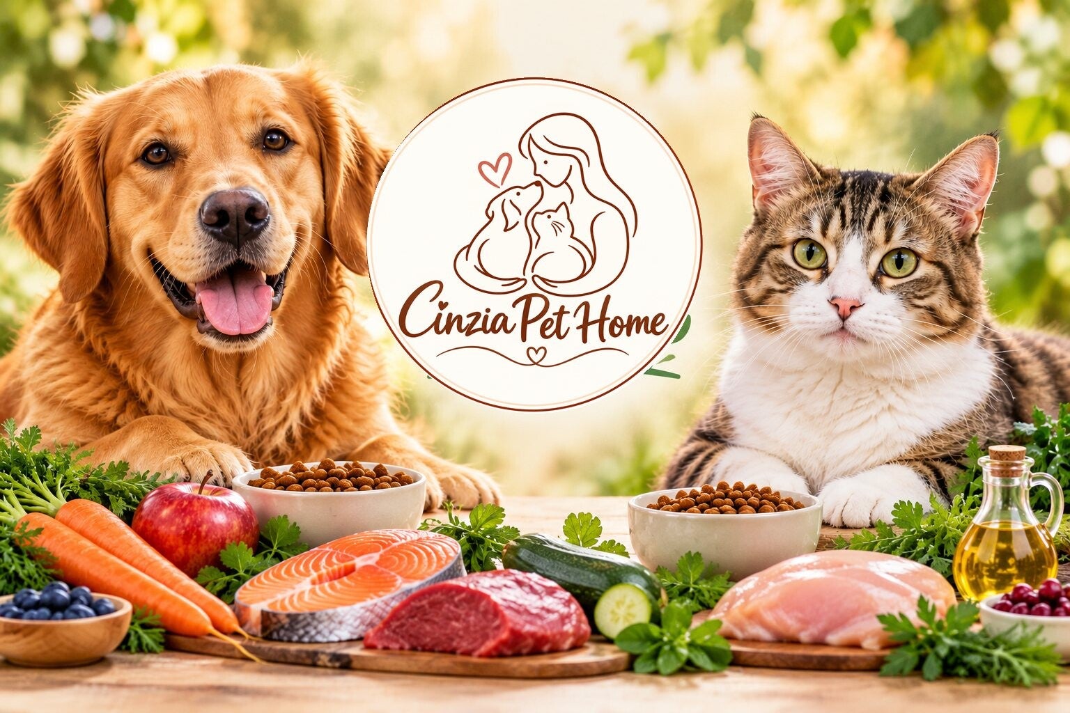 Cane e gatto accanto a ciotole e alimenti, con il logo originale Cinzia Pet Home al centro, per la guida gratuita sull'alimentazione.